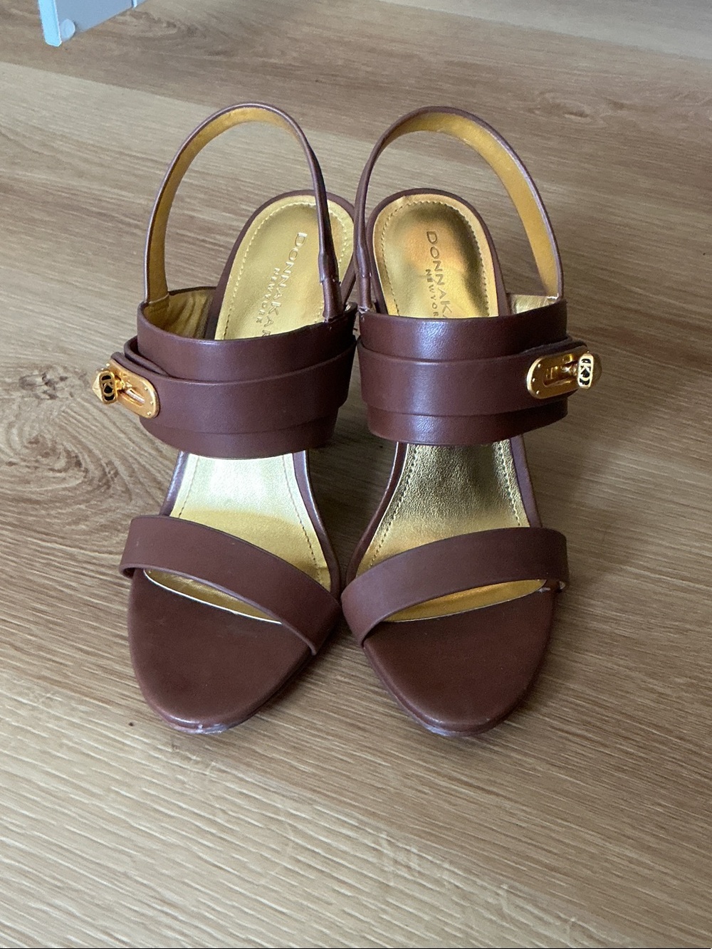 Donna Karan Brown Leather Gold-Trim Slingback Heels